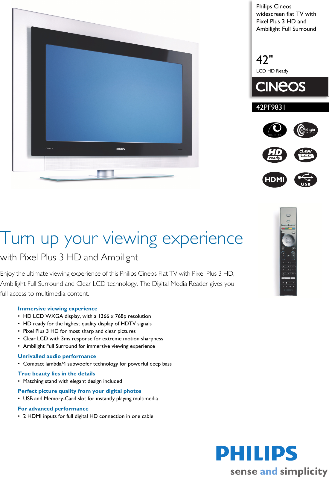Page 1 of 3 - Philips Philips-Cineos-42Pf9831-Users-Manual- 42PF9831/69 Widescreen Flat TV With Pixel Plus 3 HD And Ambilight Full Surround  Philips-cineos-42pf9831-users-manual