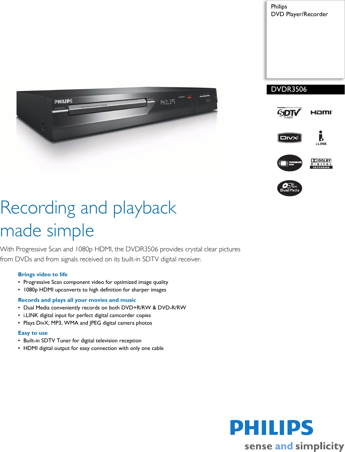 Page 1 of 2 - Philips Philips-Dvdr3506-Users-Manual- DVDR3506/37 DVD Player/Recorder  Philips-dvdr3506-users-manual