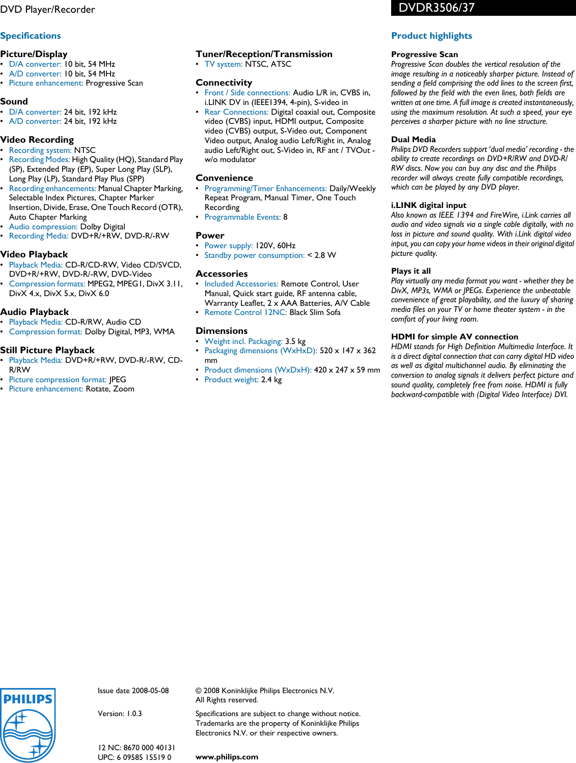 Page 2 of 2 - Philips Philips-Dvdr3506-Users-Manual- DVDR3506/37 DVD Player/Recorder  Philips-dvdr3506-users-manual