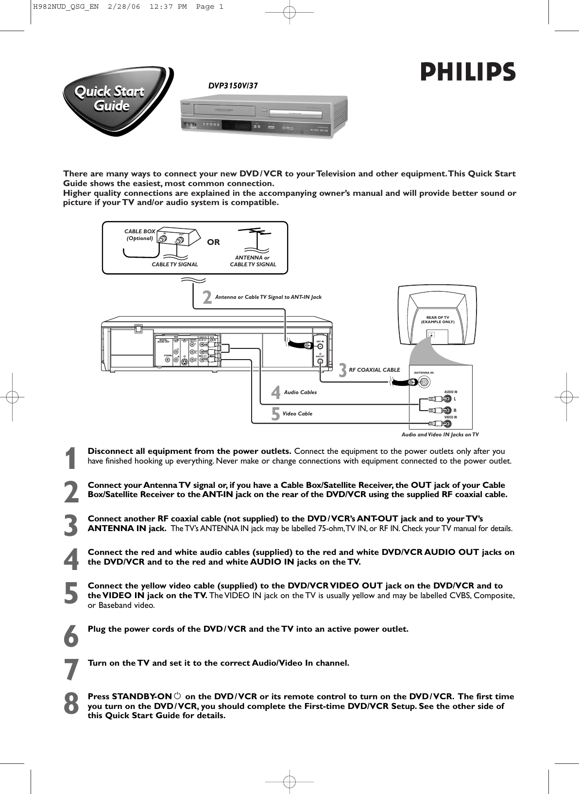 Page 1 of 2 - Philips Philips-Dvp3150V-37-Quick-Start-Guide H982NUD_QSG_EN