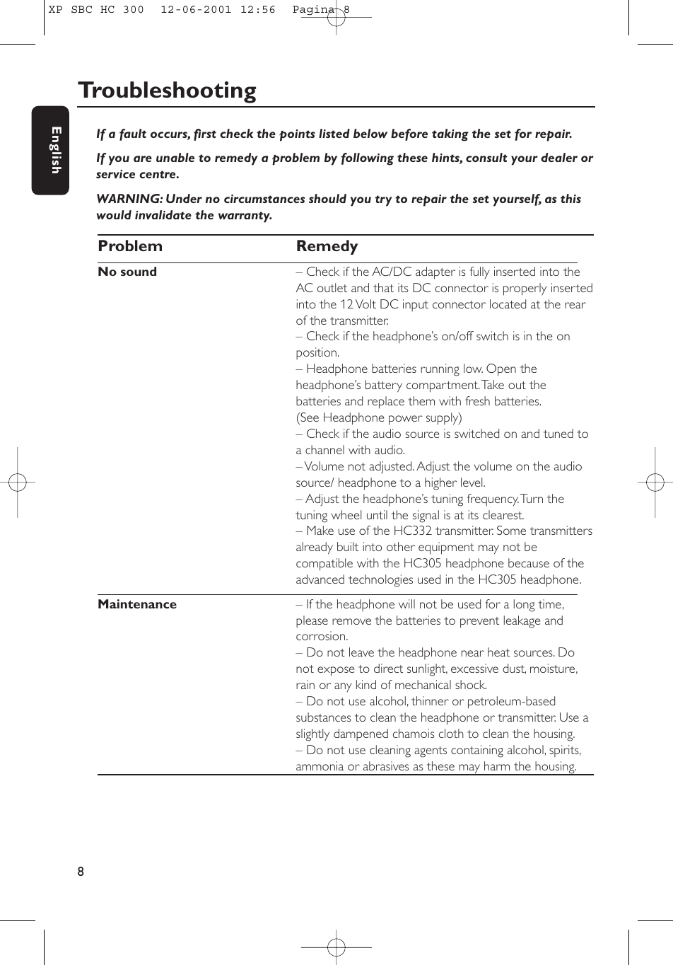 Page 8 of 10 - Philips Philips-Hc300-Users-Manual- XP SBC HC 300  Philips-hc300-users-manual