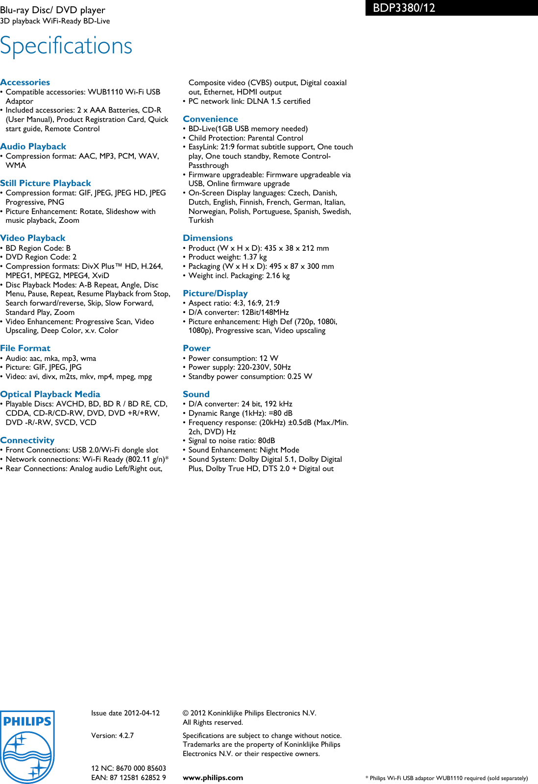 Page 3 of 3 - Philips Philips-Philips-Blu-Ray-Player-Bdp3380-Users-Manual- BDP3380/12 Blu-ray Disc/ DVD Player  Philips-philips-blu-ray-player-bdp3380-users-manual