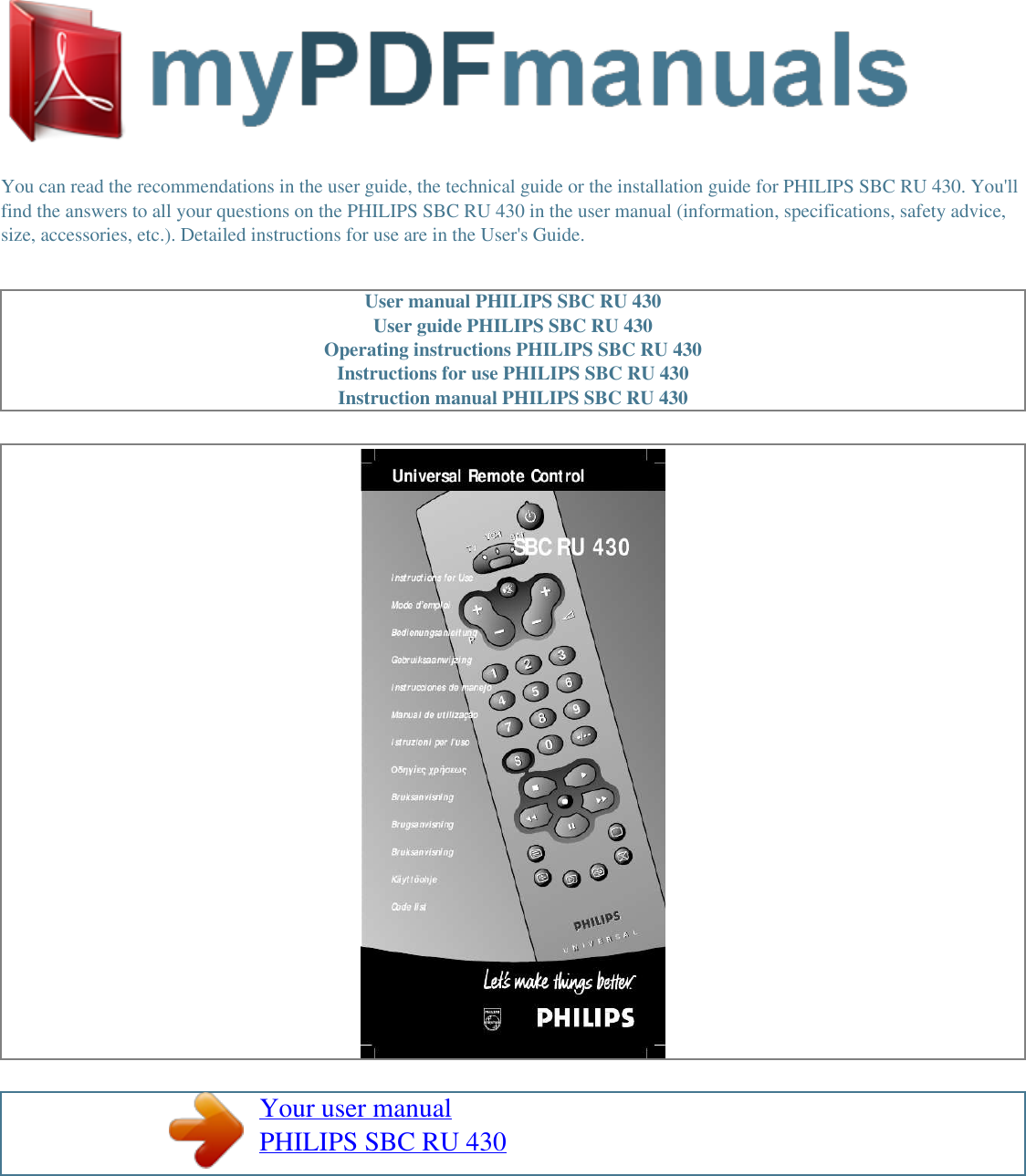 Page 1 of 2 - Philips Philips-Philips-Universal-Remote-Sbc-Ru-430-Users-Manual- User Manual SBC RU 430  Philips-philips-universal-remote-sbc-ru-430-users-manual