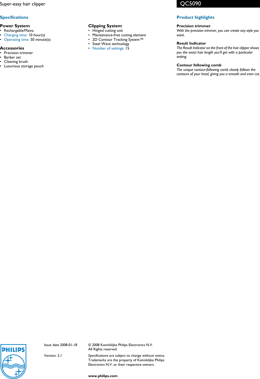 Page 2 of 2 - Philips Philips-Qc5090-Users-Manual- QC5090/00 Super-easy Hair Clipper  Philips-qc5090-users-manual