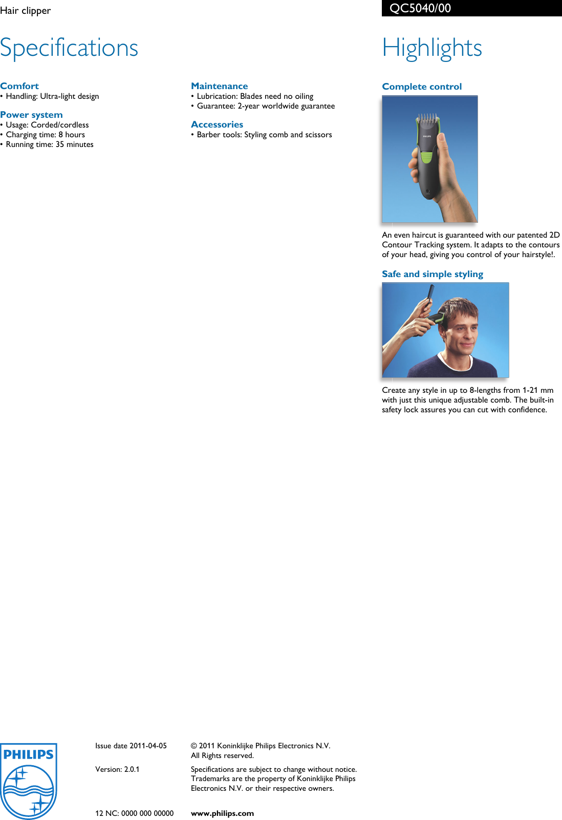 Page 2 of 2 - Philips QC 5040 QC5040/00 Hair Clipper User Manual Leaflet Qc5040 00 Pss Enggb