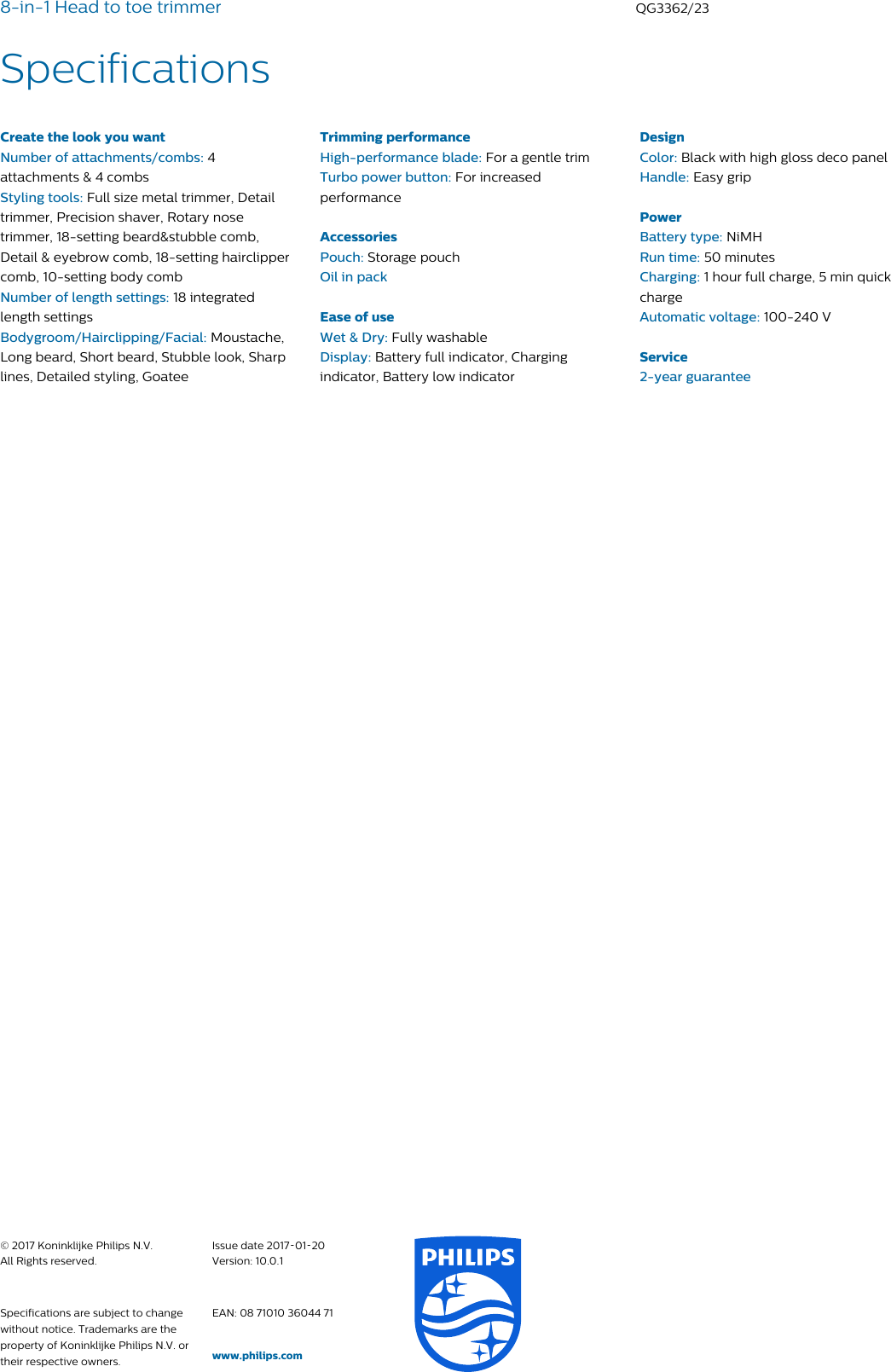 Page 3 of 3 - Philips QG3362/23 8-in-1 Head To Toe Trimmer User Manual Leaflet Qg3362 23 Pss Aensa