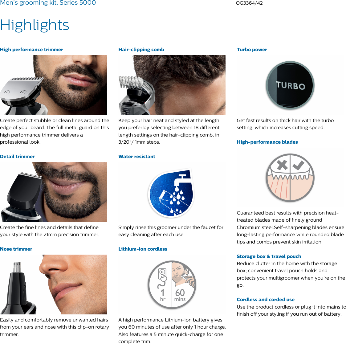 Page 2 of 3 - Philips QG3364/42 Men’s Grooming Kit, Series 5000 User Manual Leaflet Qg3364 42 Pss Aenus