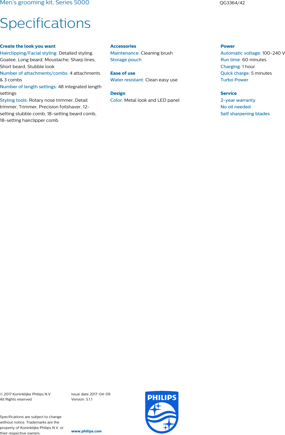Page 3 of 3 - Philips QG3364/42 Men’s Grooming Kit, Series 5000 User Manual Leaflet Qg3364 42 Pss Aenus