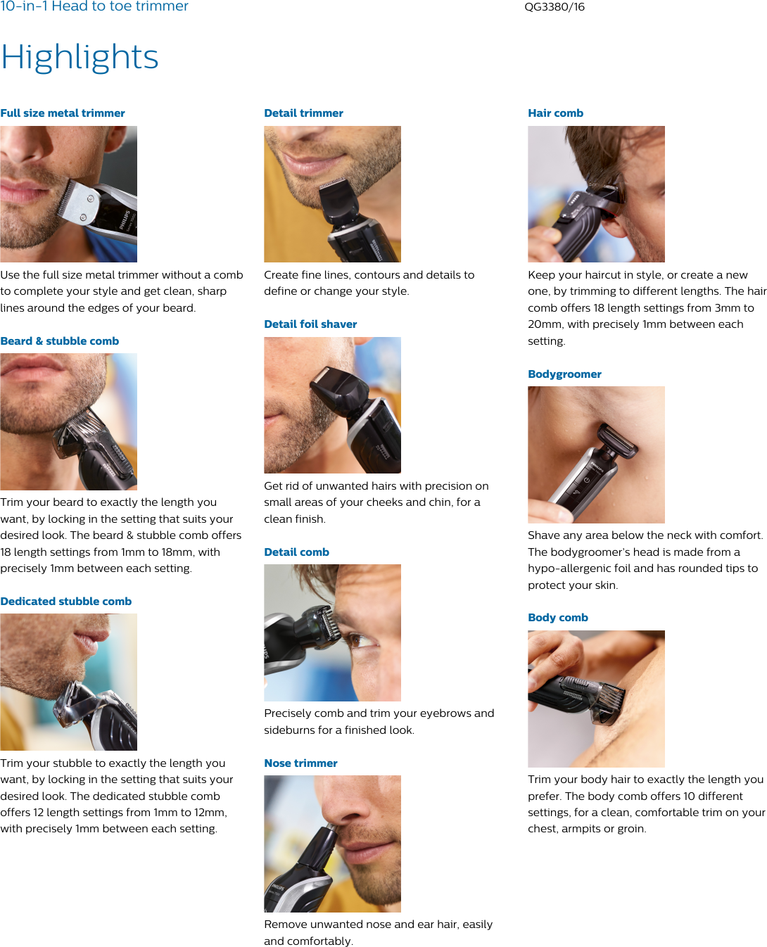 Page 2 of 3 - Philips QG3380/16 10-in-1 Head To Toe Trimmer User Manual Leaflet Qg3380 16 Pss Engau