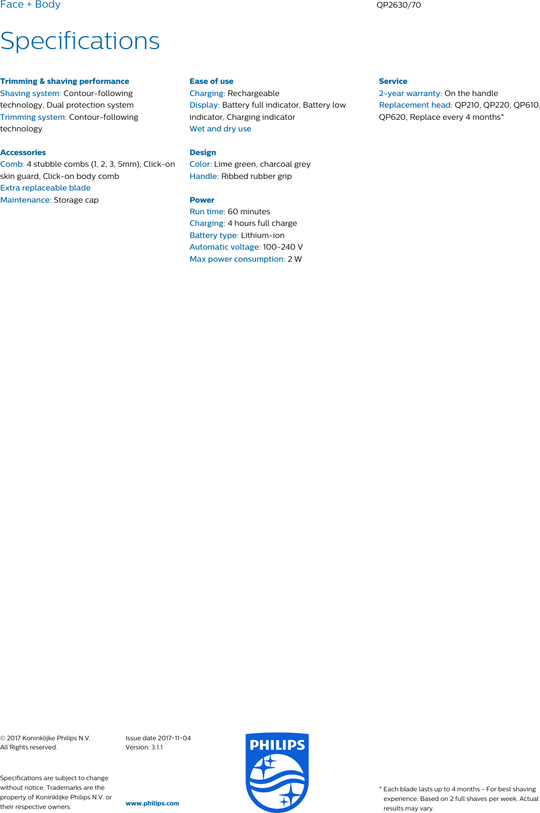 Page 3 of 3 - Philips QP2630/70 Face + Body User Manual Leaflet Qp2630 70 Pss