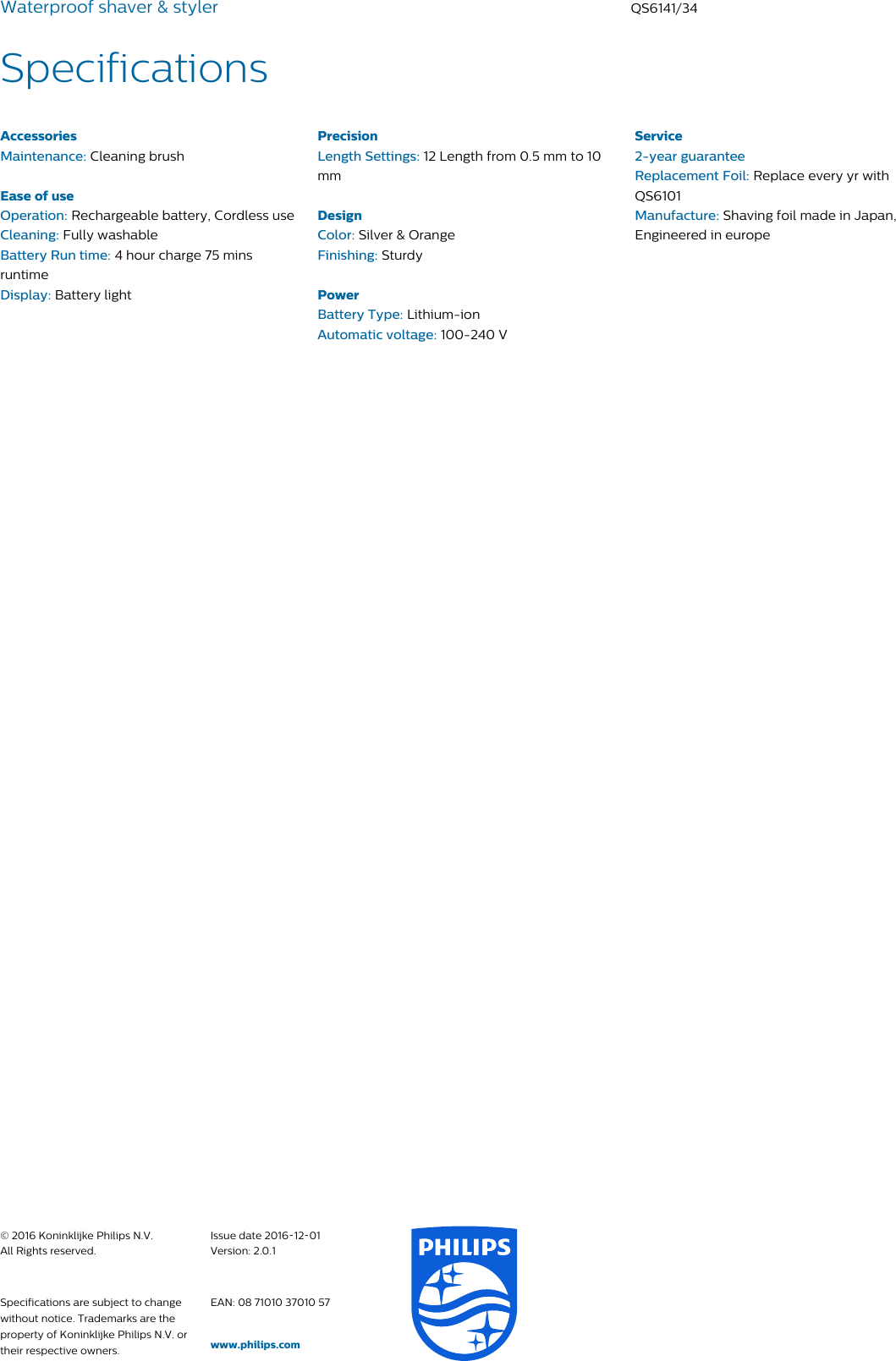 Page 3 of 3 - Philips QS6141/34 Waterproof Shaver & Styler With AquaTec - Wet Dry User Manual Leaflet Qs6141 34 Pss Aensa