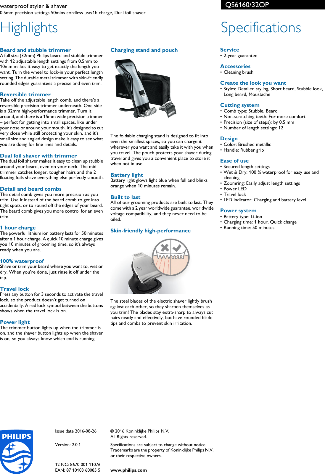 Page 2 of 2 - Philips QS6160/32OP Waterproof Styler & Shaver User Manual Datenblatt Qs6160 32op Pss