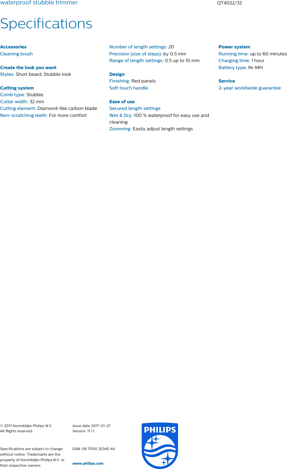 Page 3 of 3 - Philips QT4022/32 Waterproof Stubble Trimmer User Manual Leaflet Qt4022 32 Pss Engau