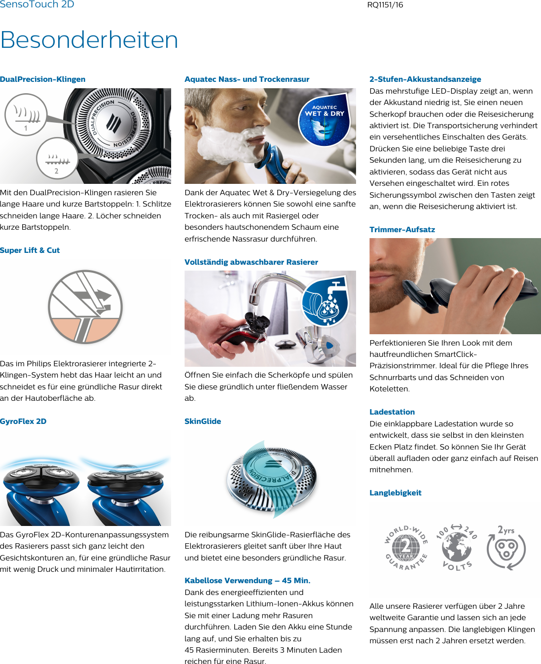 Page 2 of 3 - Philips RQ1151/16 SensoTouch 2Dmit Aquatec Wet & Dry User Manual Datenblatt Rq1151 16 Pss Deuat