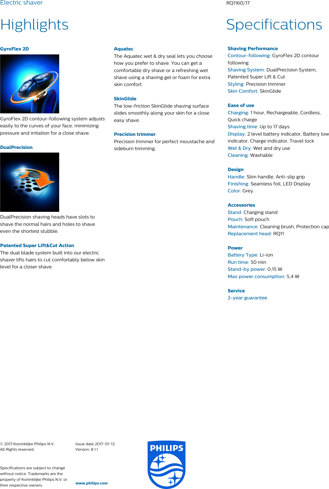 Page 2 of 2 - Philips RQ1160/17 Electric Shaver With GyroFlex 2D User Manual Leaflet Rq1160 17 Pss Engza