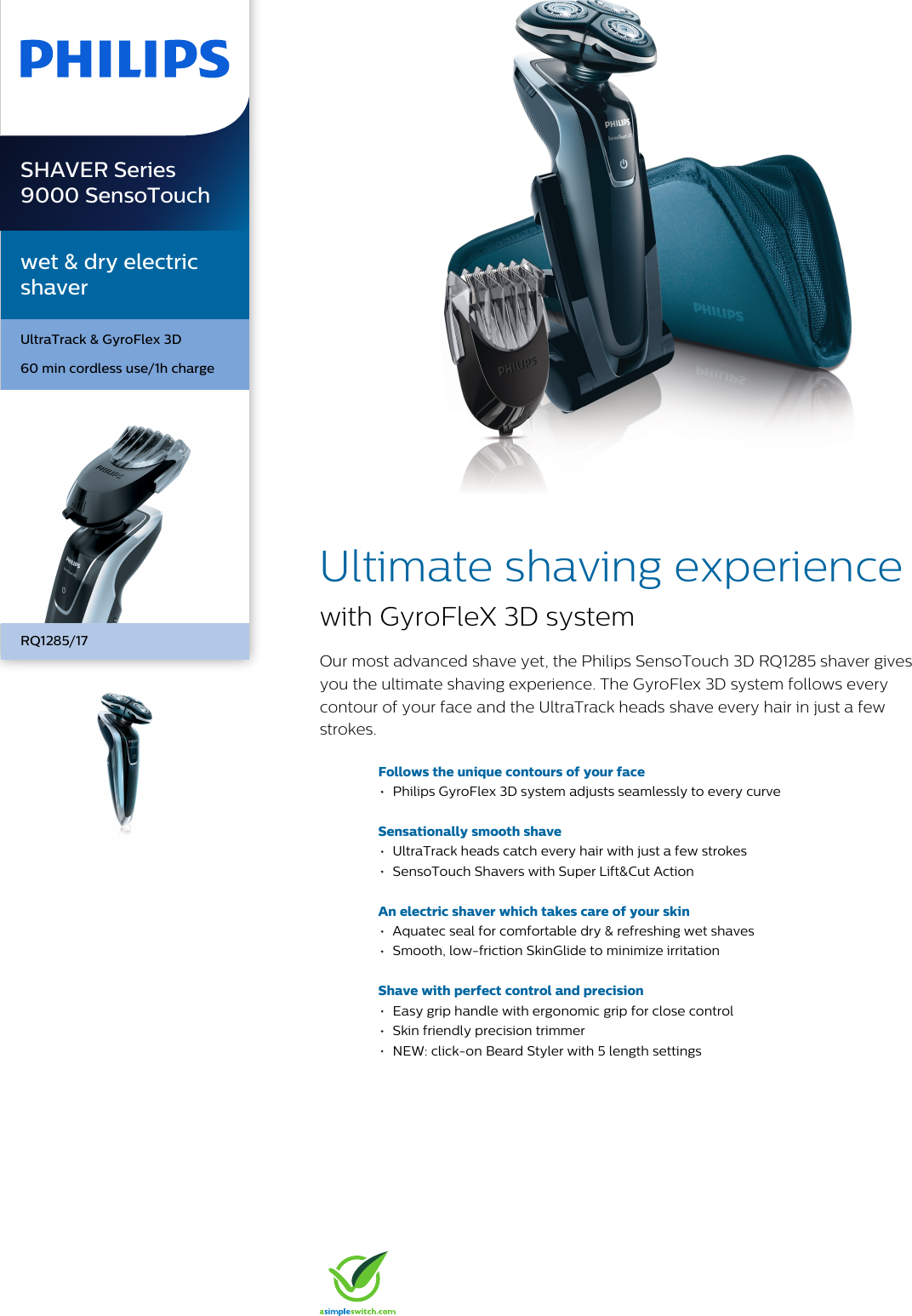 Page 1 of 3 - Philips RQ1285/17 Wet & Dry Electric Shaver With Aquatec User Manual Leaflet Rq1285 17 Pss Engau
