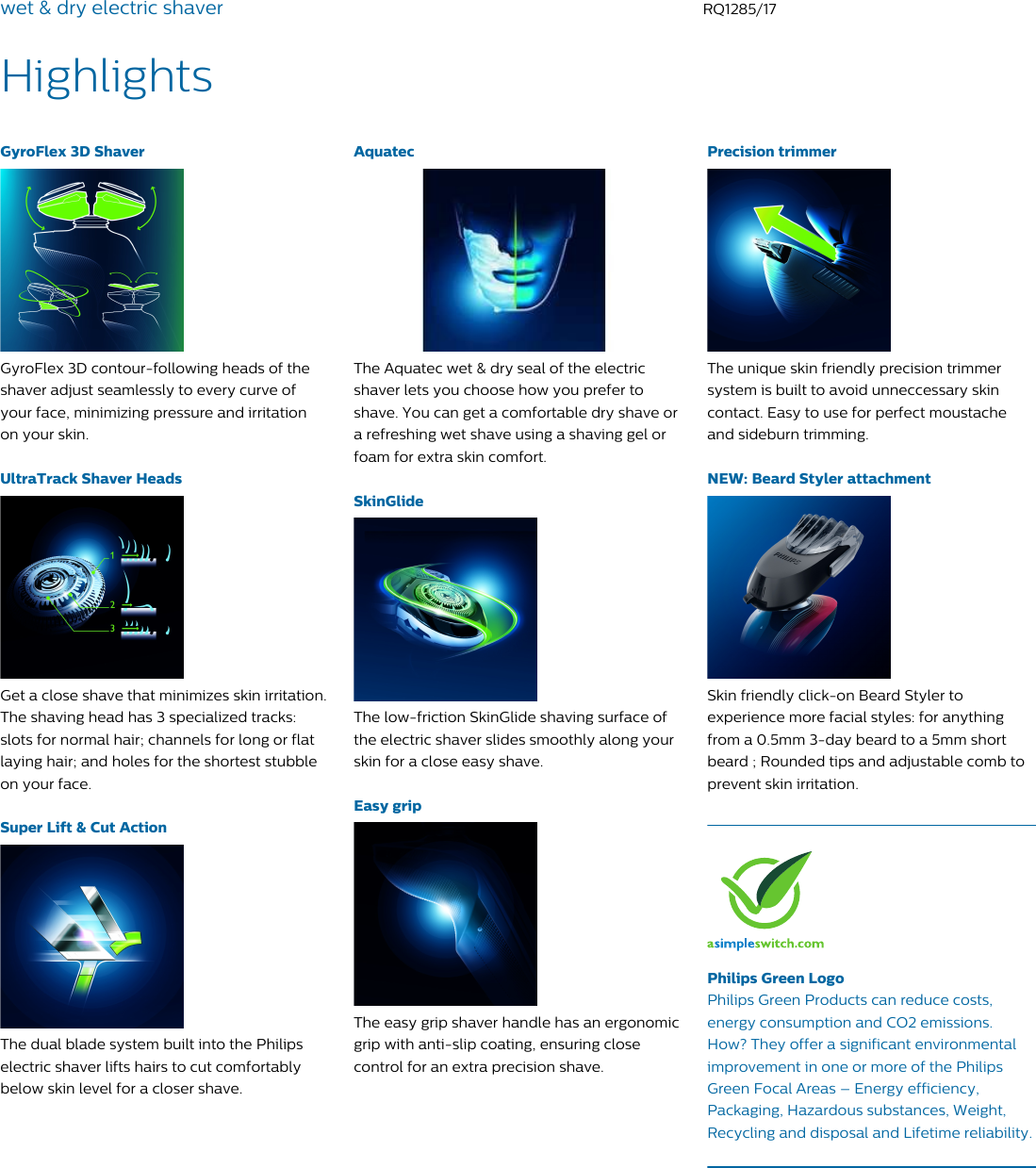 Page 2 of 3 - Philips RQ1285/17 Wet & Dry Electric Shaver With Aquatec User Manual Leaflet Rq1285 17 Pss Engau