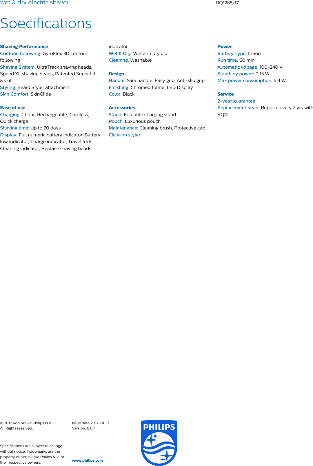 Page 3 of 3 - Philips RQ1285/17 Wet & Dry Electric Shaver With Aquatec User Manual Leaflet Rq1285 17 Pss Engau