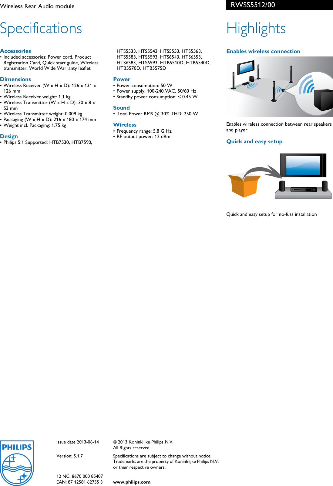 Page 2 of 2 - Philips RWSS5512/00 Wireless Rear Audio Module User Manual Leaflet Rwss5512 00 Pss Engmy