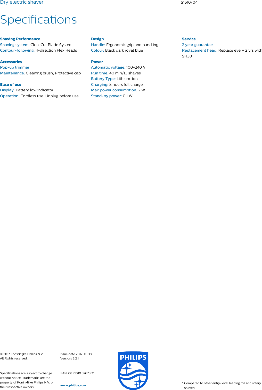 Page 3 of 3 - Philips S1510/04 Dry Electric Shaver User Manual Leaflet S1510 04 Pss Enggb