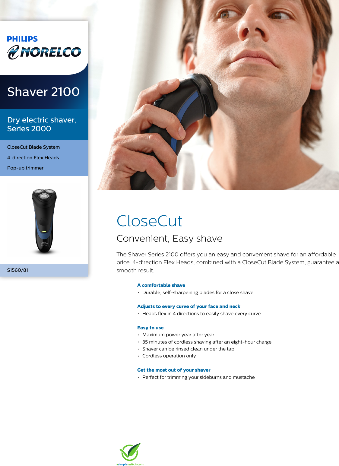 Page 1 of 3 - Philips S1560/81 Dry Electric Shaver, Series 2000 User Manual Leaflet S1560 81 Pss Aenus