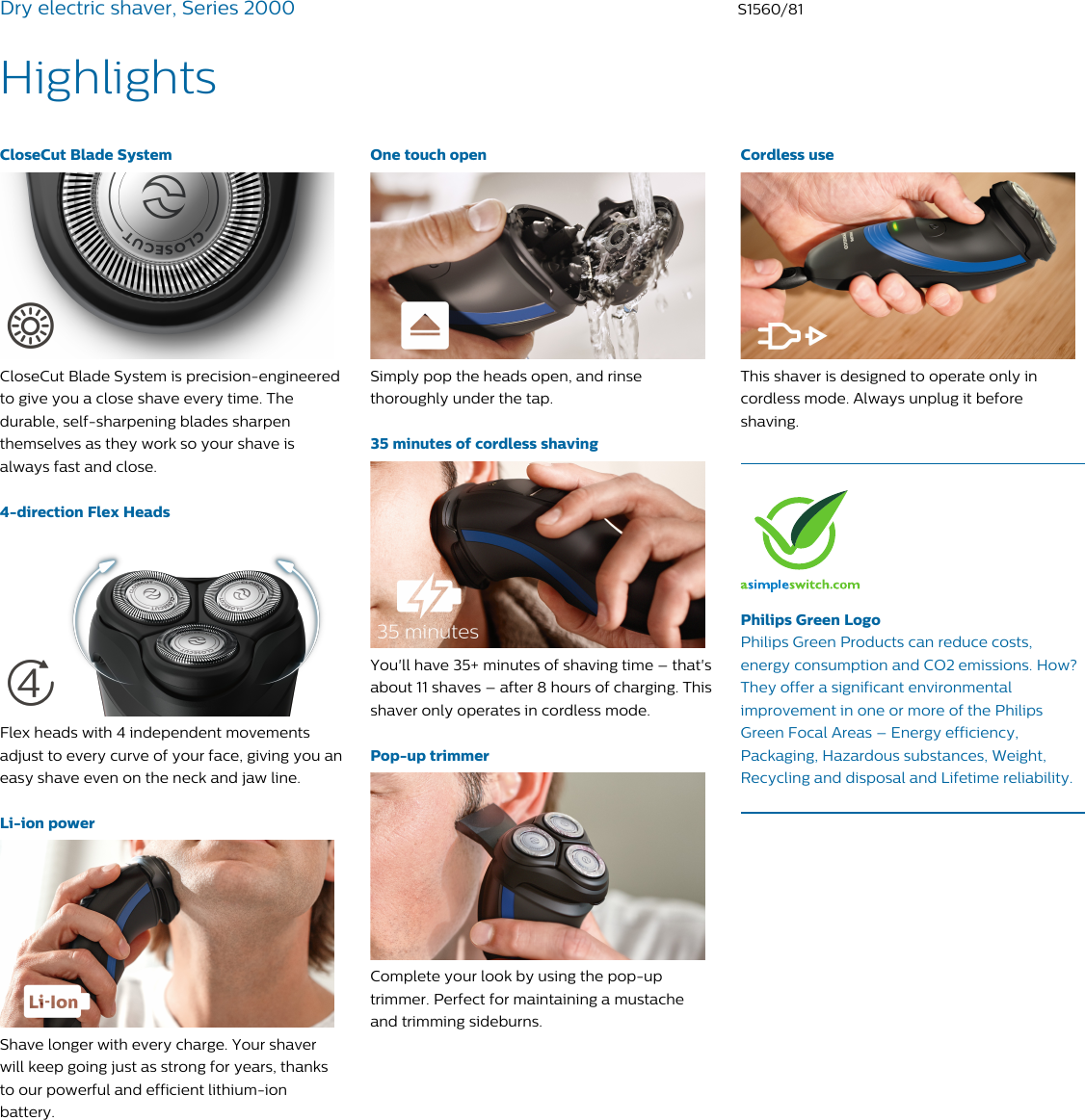 Page 2 of 3 - Philips S1560/81 Dry Electric Shaver, Series 2000 User Manual Leaflet S1560 81 Pss Aenus
