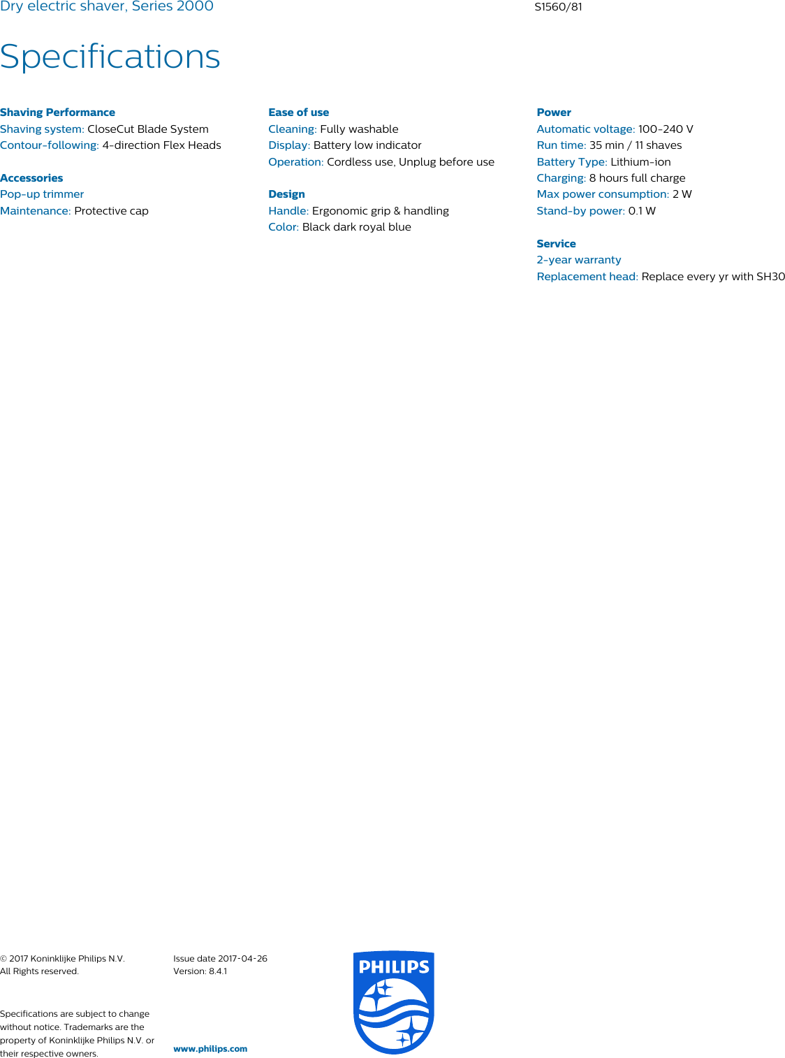 Page 3 of 3 - Philips S1560/81 Dry Electric Shaver, Series 2000 User Manual Leaflet S1560 81 Pss Aenus