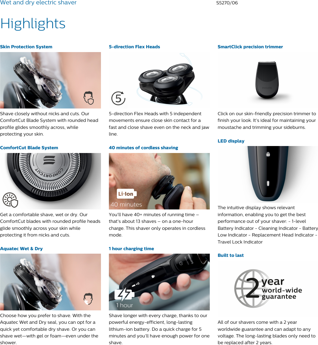 Page 2 of 3 - Philips S5270/06 Wet And Dry Electric Shaver User Manual Leaflet S5270 06 Pss Enggb