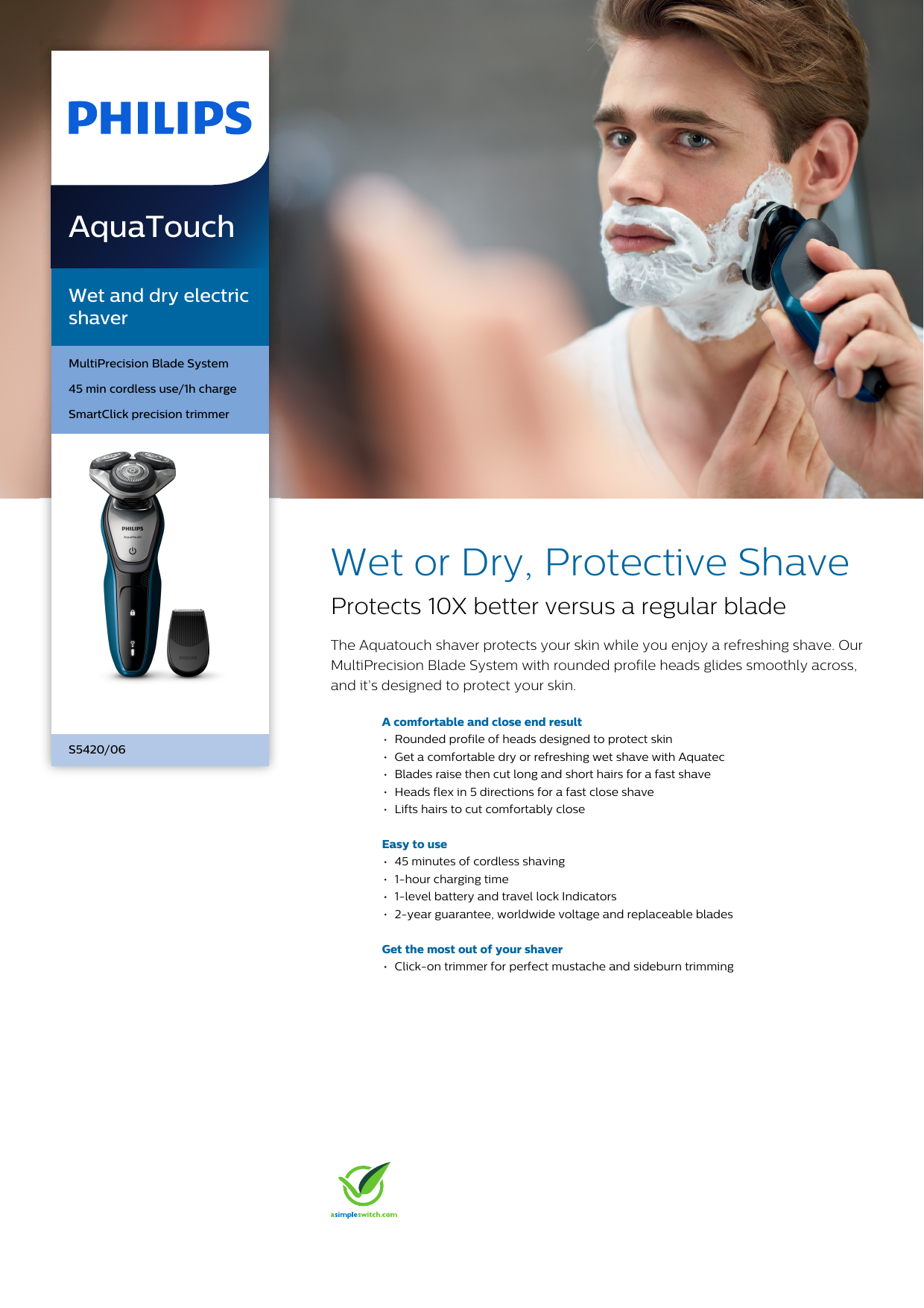 Page 1 of 3 - Philips S5420/06 Wet And Dry Electric Shaver With Aquatec & User Manual Leaflet S5420 06 Pss