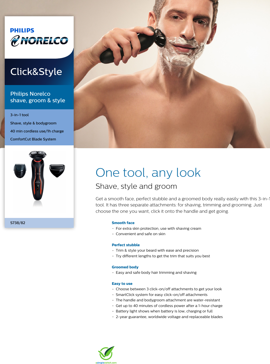 Page 1 of 3 - Philips S738/82 Norelco Shave, Groom & Style User Manual Leaflet S738 82 Pss Aenus