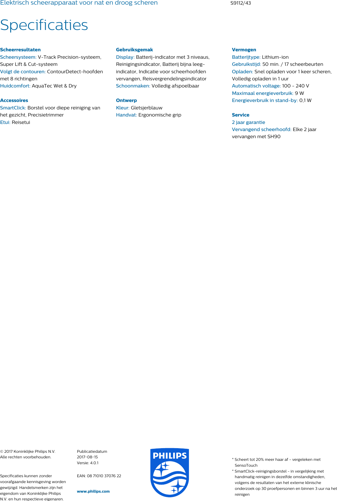 Page 3 of 3 - Philips S9112/43 Scheerapparaat Met SmartClick-precisietrimmer En Aquatec Wet & Dry User Manual Brochure S9112 43 Pss Nldnl