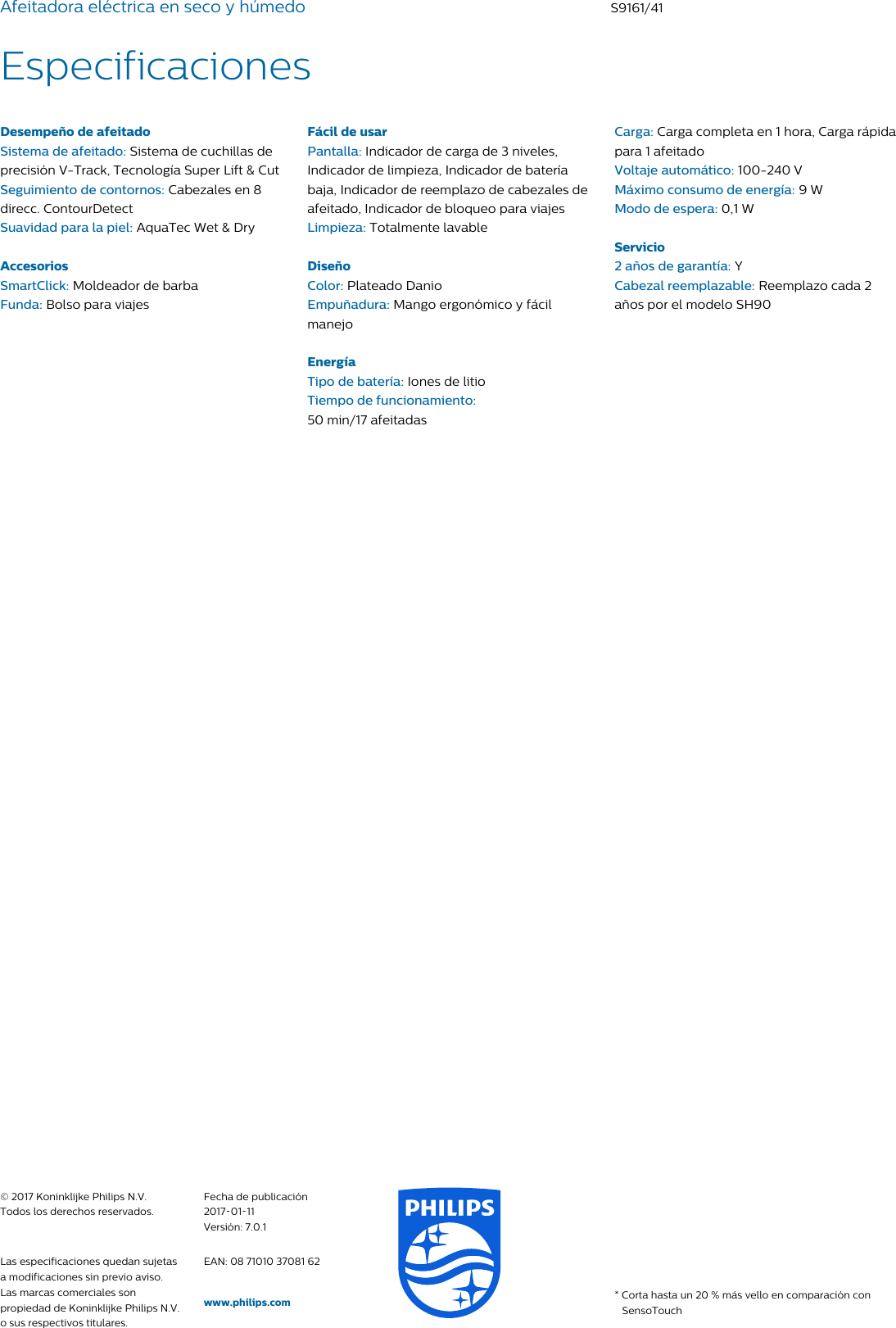 Page 3 of 3 - Philips S9161/41 Afeitadora Eléctrica Para Uso En Seco Y Húmedo Con La De Barba SmartClick Aquatec Wet & Dry User Manual Folleto S9161 41 Pss Lspcl