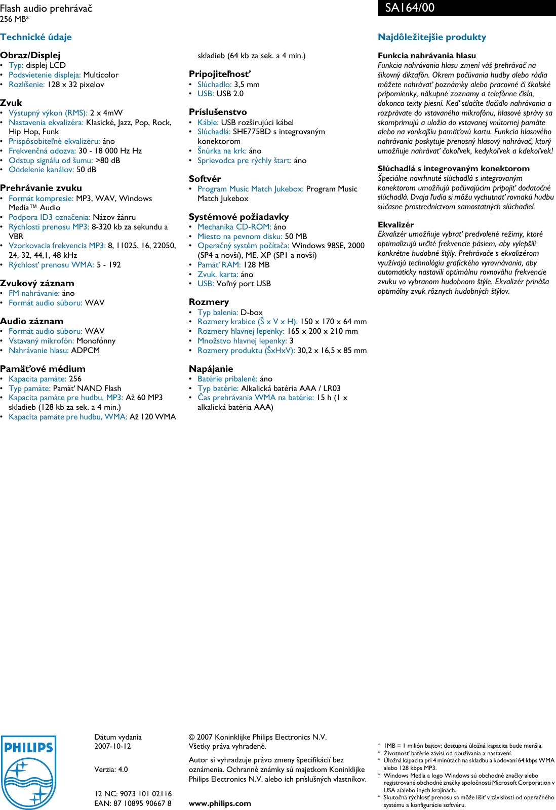 Philips Sa164 00 Flash Audio Prehravac User Manual Prospekt Sa164 00 Pss Slksk