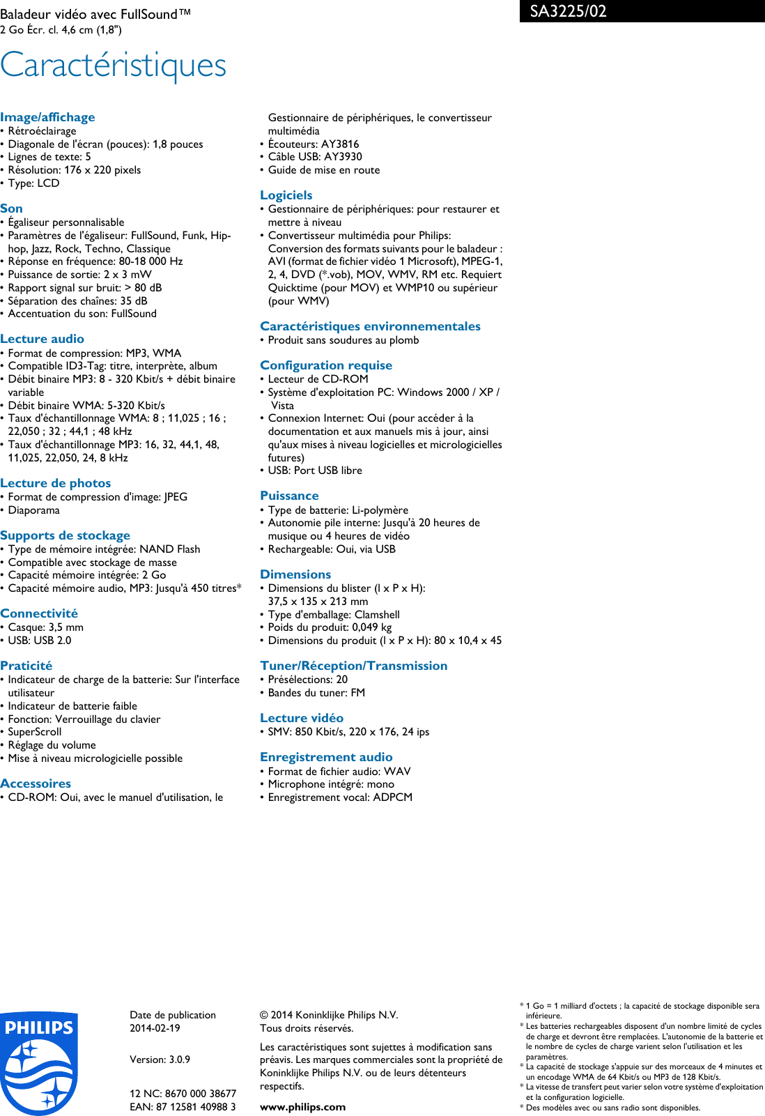 Page 3 of 3 - Philips SA3225/02 Leaflet SA3225_02 Released France (French)  User Manual Fiche Produit Sa3225 02 Pss Frafr