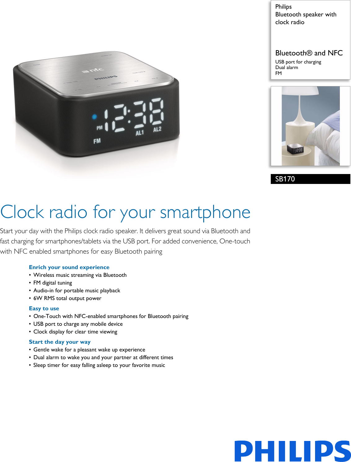 Page 1 of 3 - Philips SB170/37 Bluetooth Speaker With Clock Radio User Manual Leaflet Sb170 37 Pss Aenus