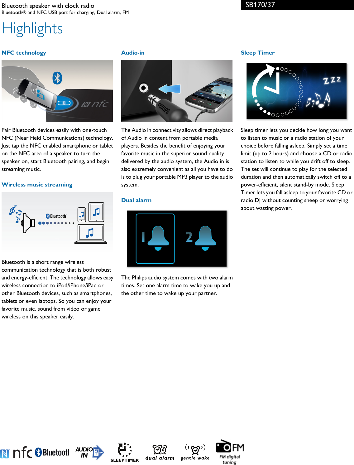 Page 2 of 3 - Philips SB170/37 Bluetooth Speaker With Clock Radio User Manual Leaflet Sb170 37 Pss Aenus