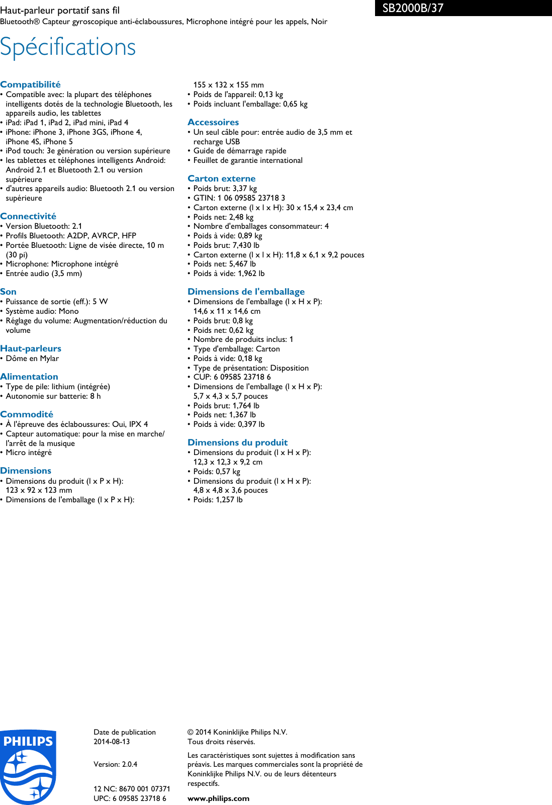 Philips Sb00b 37 Leaflet Sb00b 37 Released Canada French User Manual Depliant Sb00b 37 Pss Cfrca