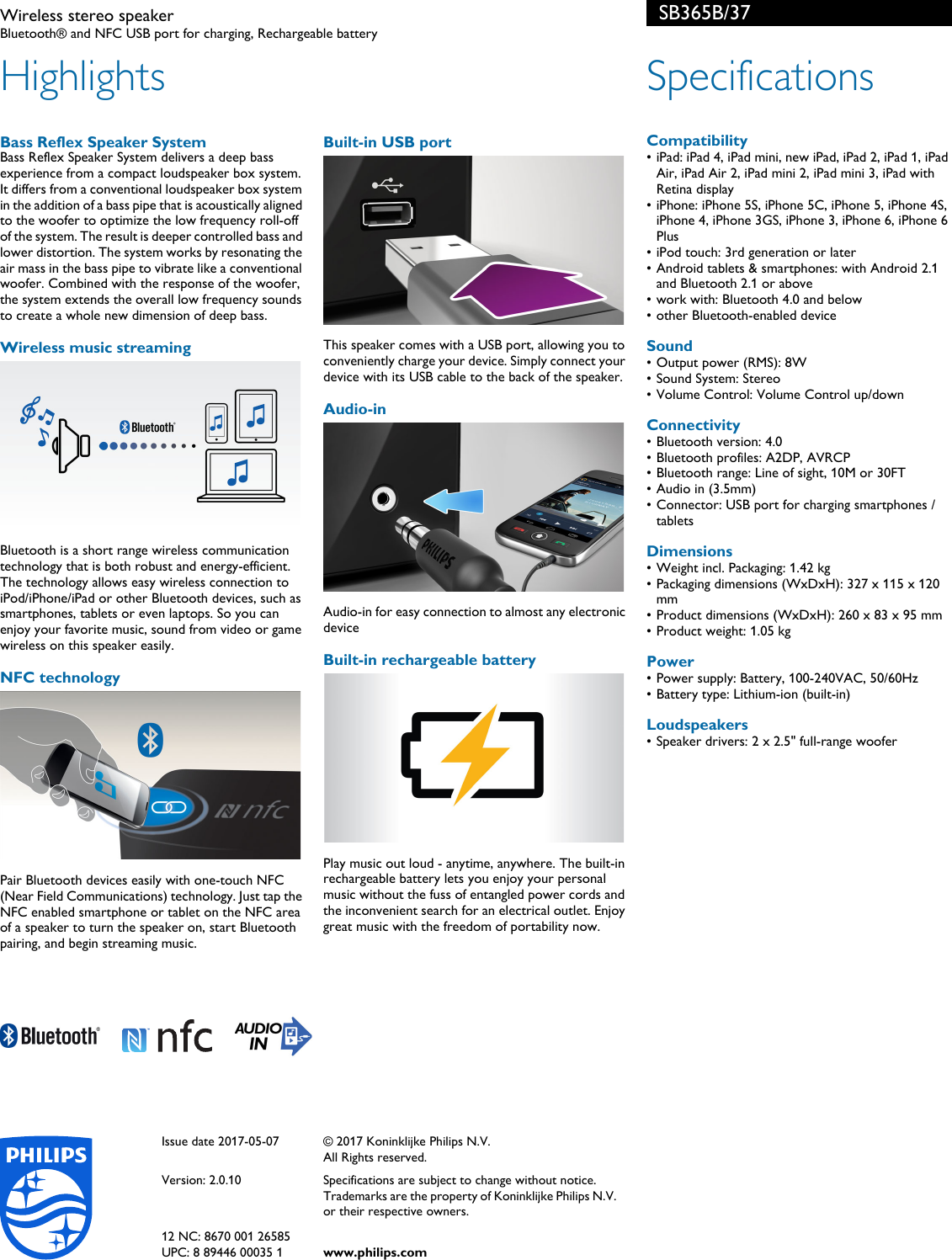 Page 2 of 2 - Philips SB365B/37 Wireless Stereo Speaker User Manual Leaflet Sb365b 37 Pss Aenus