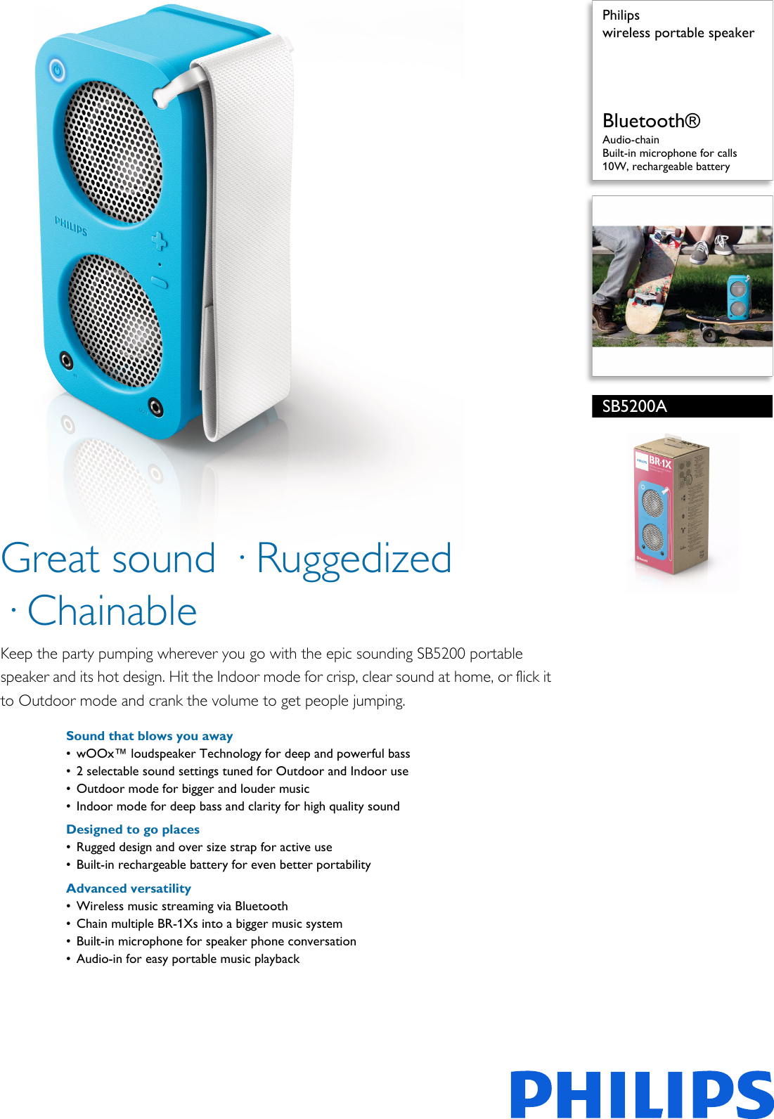 Page 1 of 2 - Philips SB5200A/10 Wireless Portable Speaker User Manual Leaflet Sb5200a 10 Pss Aenhk