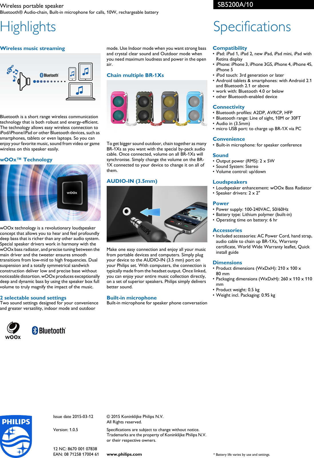 Page 2 of 2 - Philips SB5200A/10 Wireless Portable Speaker User Manual Leaflet Sb5200a 10 Pss Aenhk