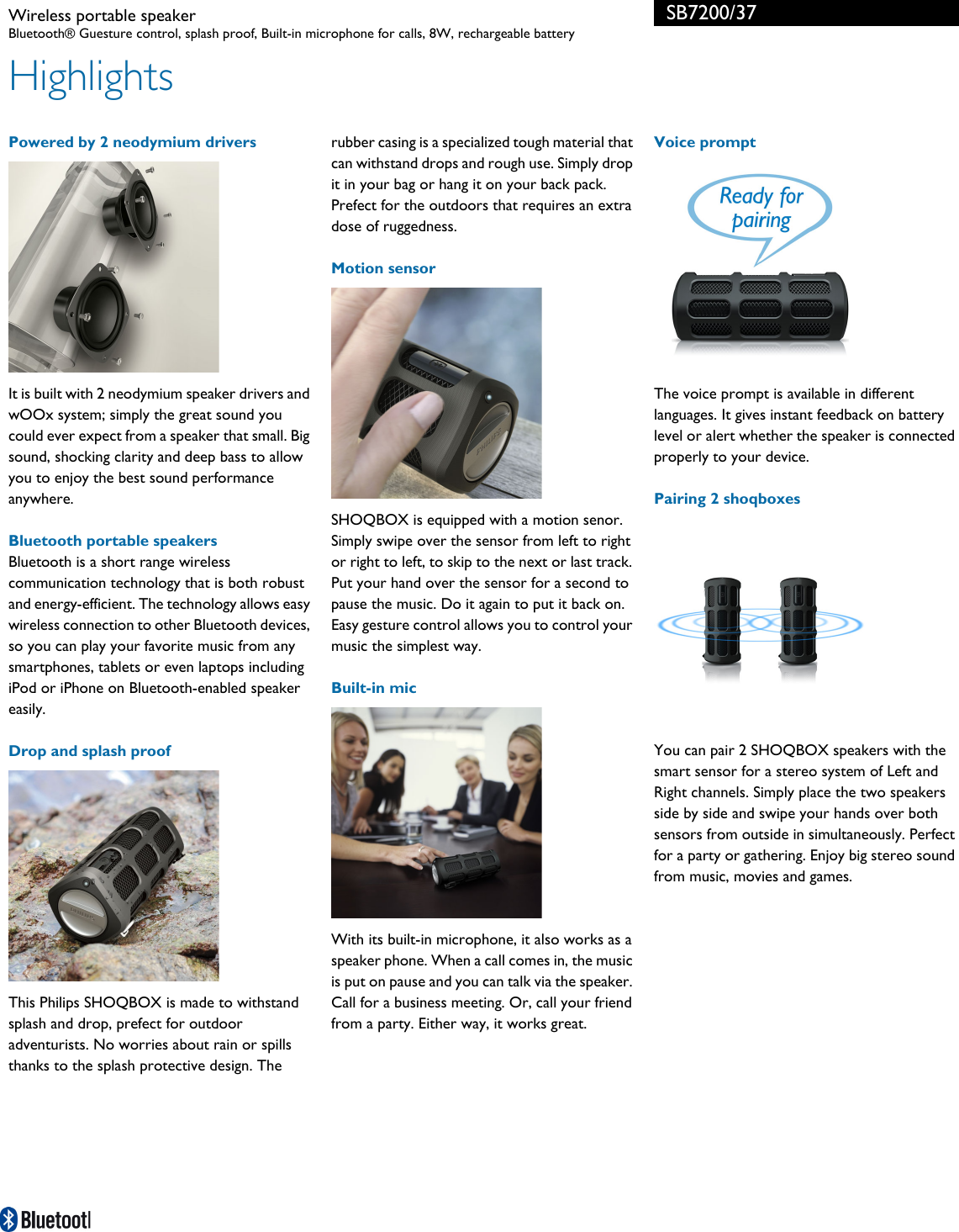 Page 2 of 3 - Philips SB7200/37 Wireless Portable Speaker User Manual Leaflet Sb7200 37 Pss Aenus