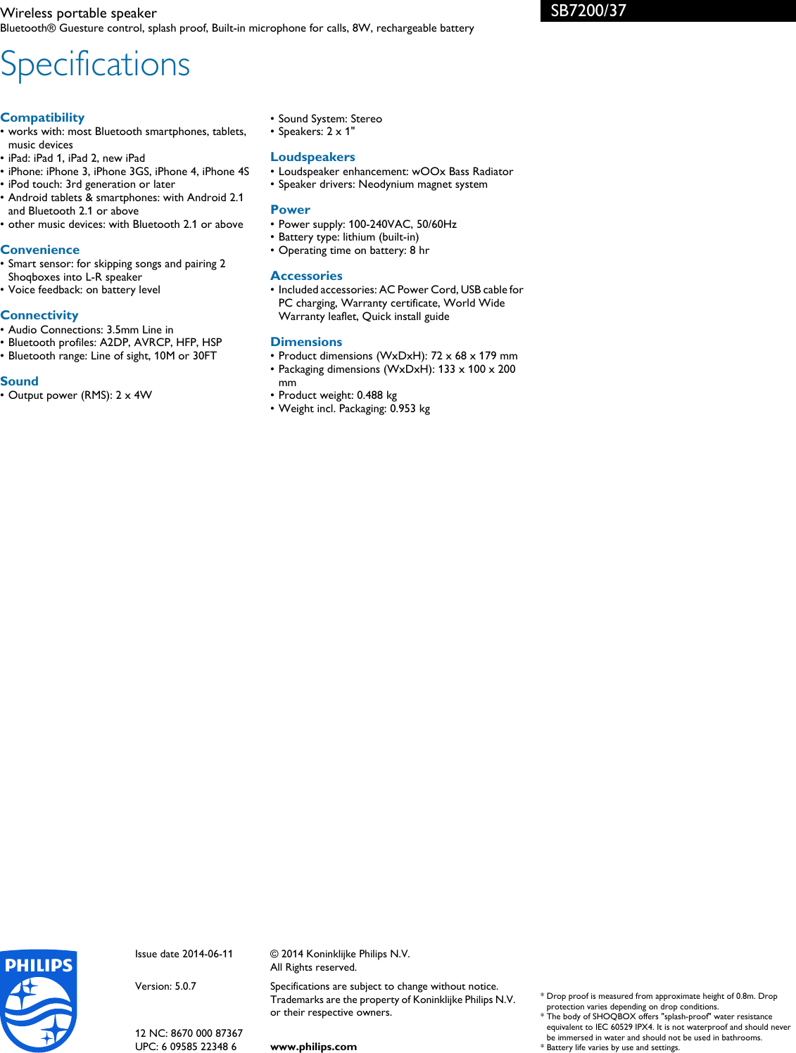Page 3 of 3 - Philips SB7200/37 Wireless Portable Speaker User Manual Leaflet Sb7200 37 Pss Aenus