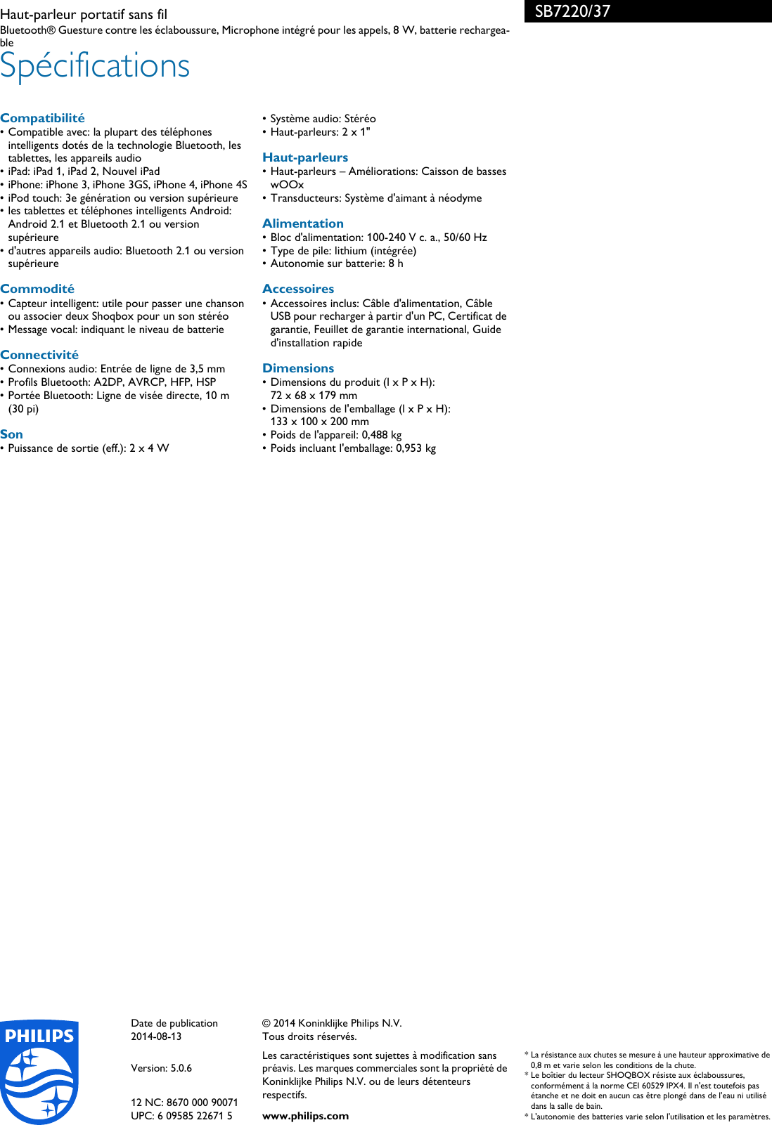 Philips Sb72 37 Leaflet Sb72 37 Released Canada French User Manual Depliant Sb72 37 Pss Cfrca