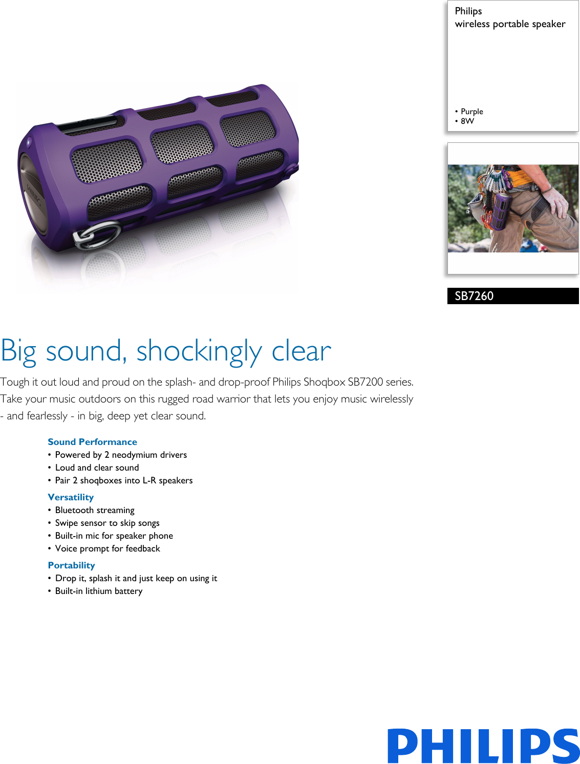 Page 1 of 3 - Philips SB7260/37 Wireless Portable Speaker User Manual Leaflet Sb7260 37 Pss Aenus