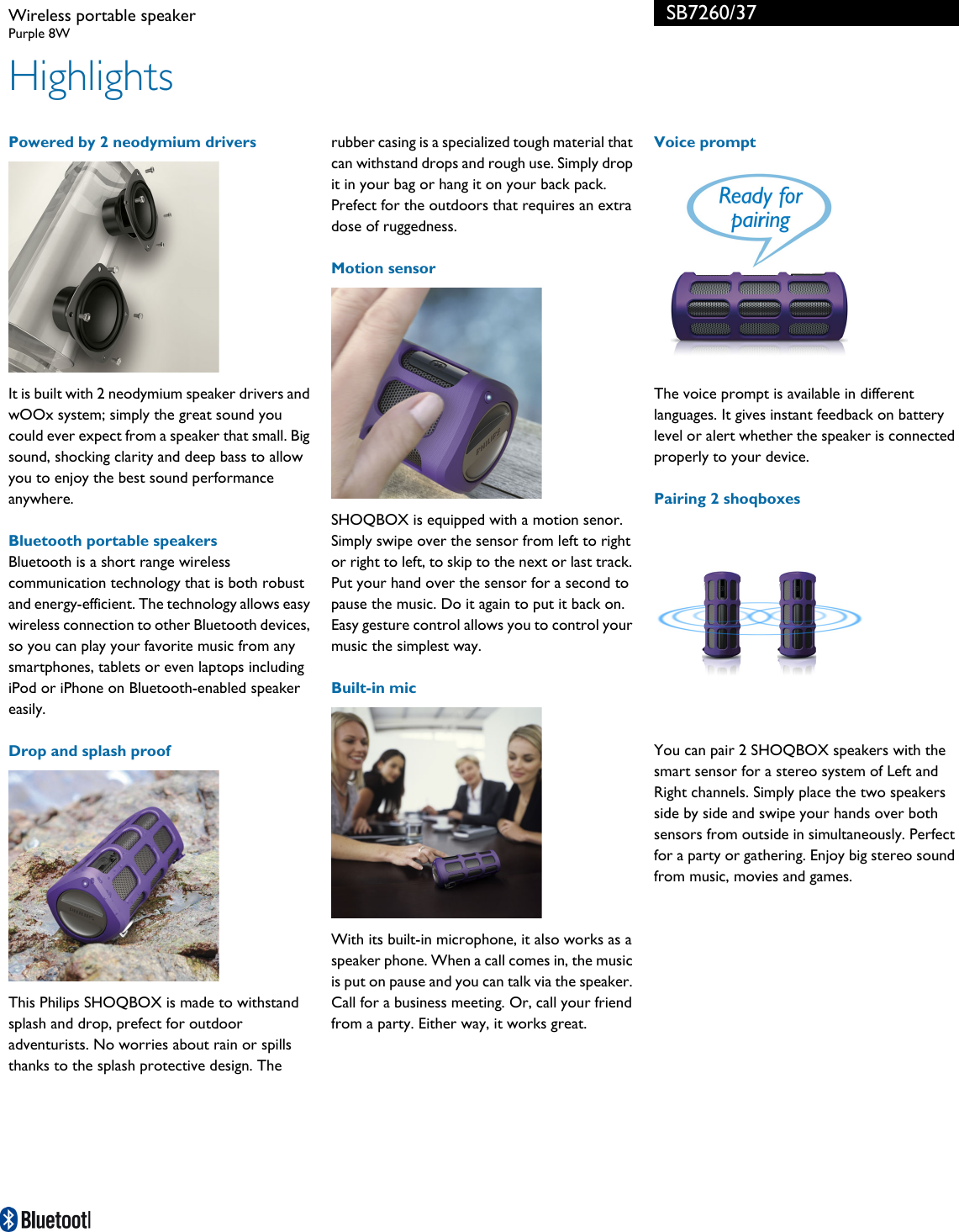 Page 2 of 3 - Philips SB7260/37 Wireless Portable Speaker User Manual Leaflet Sb7260 37 Pss Aenus