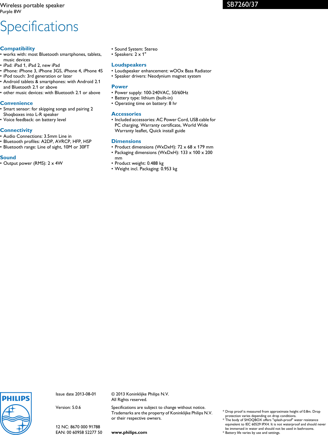 Page 3 of 3 - Philips SB7260/37 Wireless Portable Speaker User Manual Leaflet Sb7260 37 Pss Aenus