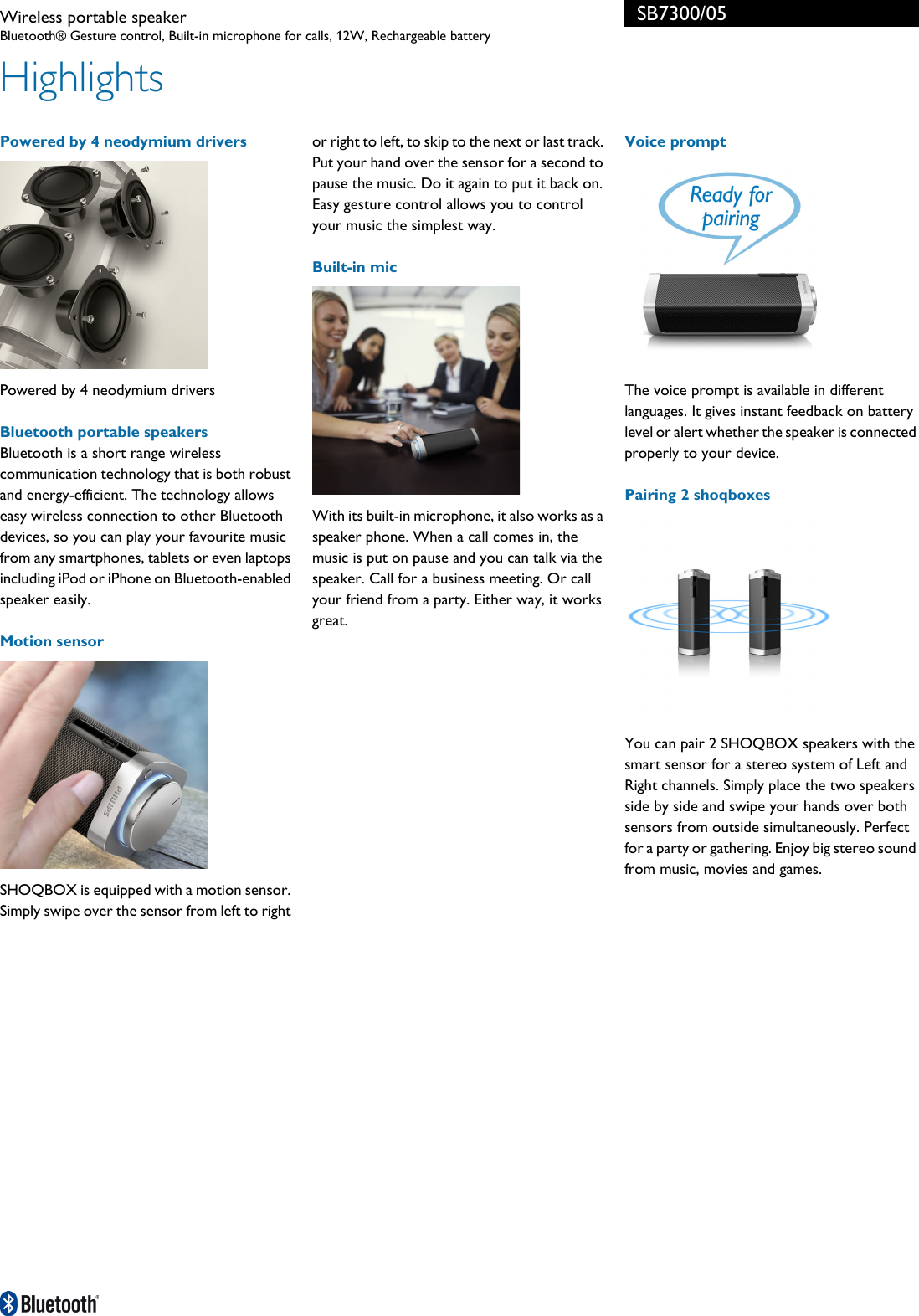 Page 2 of 3 - Philips SB7300/05 Wireless Portable Speaker User Manual Leaflet Sb7300 05 Pss Enggb