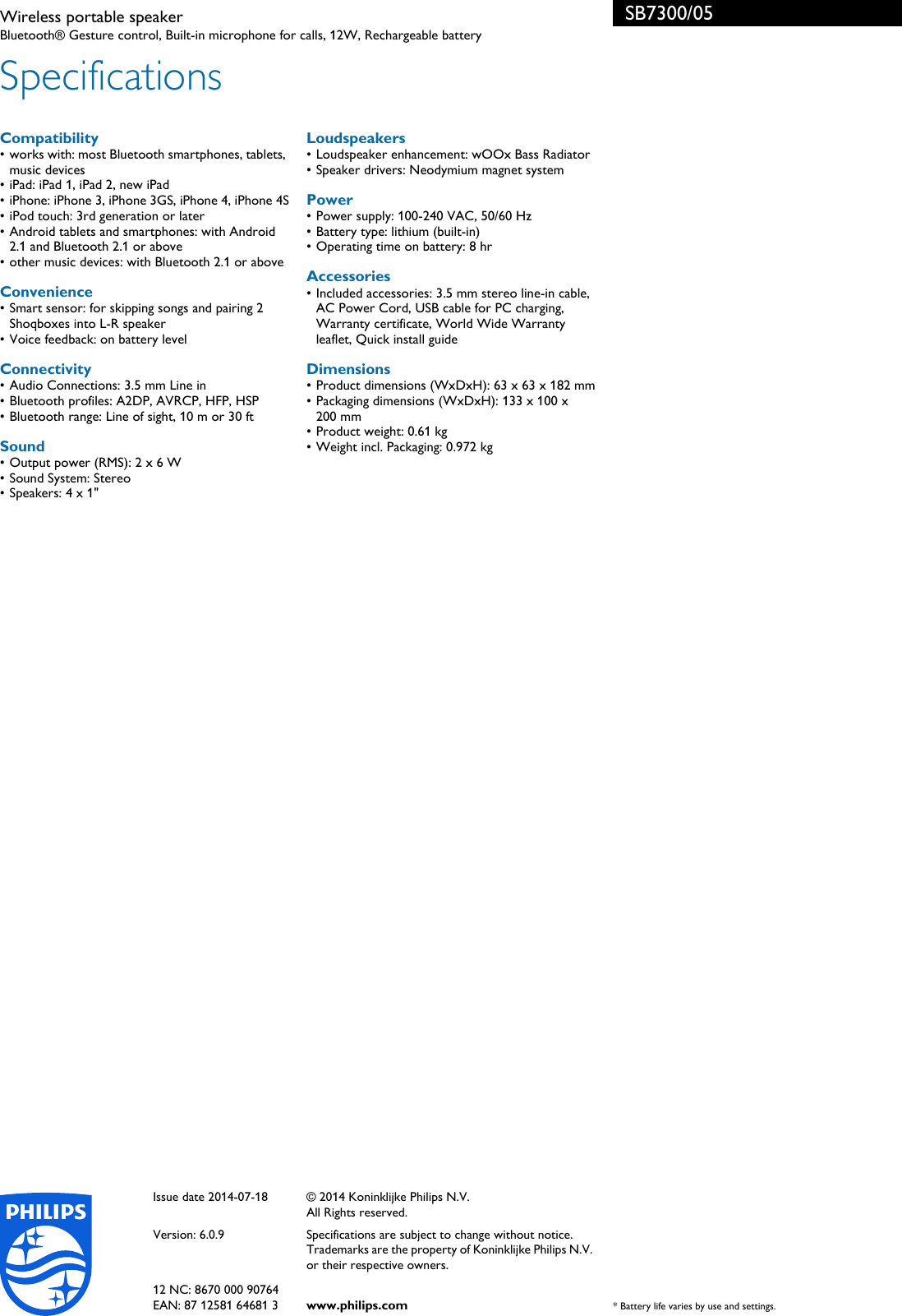 Page 3 of 3 - Philips SB7300/05 Wireless Portable Speaker User Manual Leaflet Sb7300 05 Pss Enggb