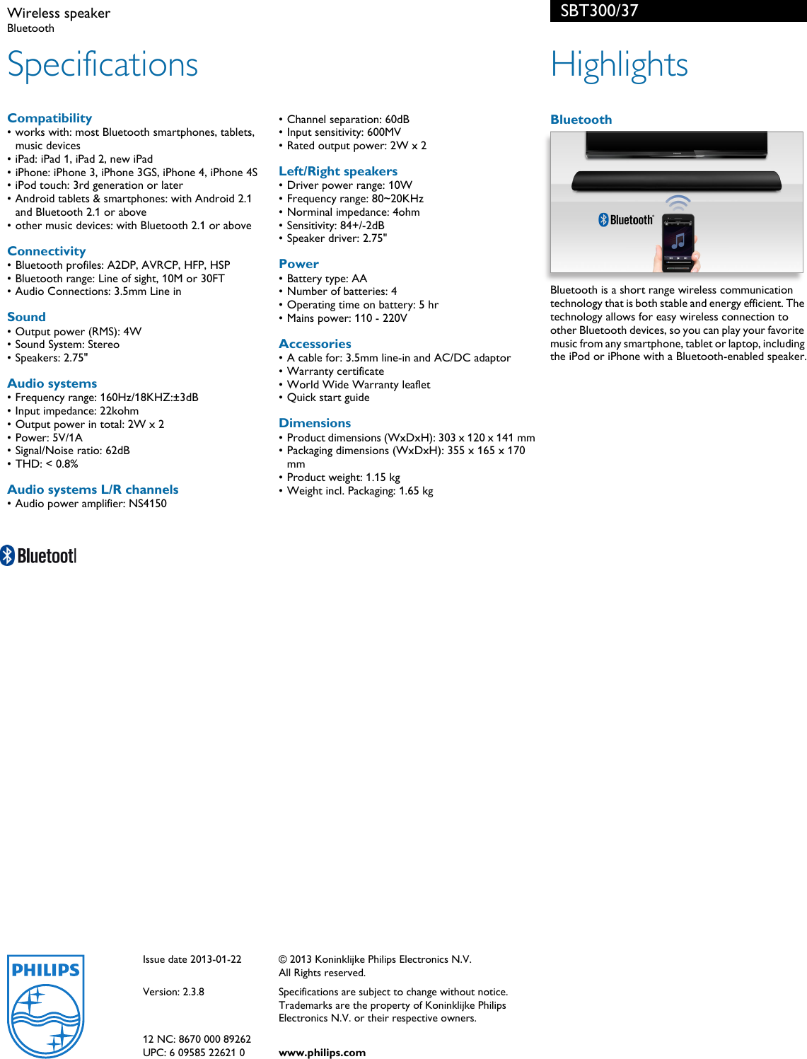 Page 2 of 2 - Philips SBT300/37 Wireless Speaker User Manual Leaflet Sbt300 37 Pss Aenca