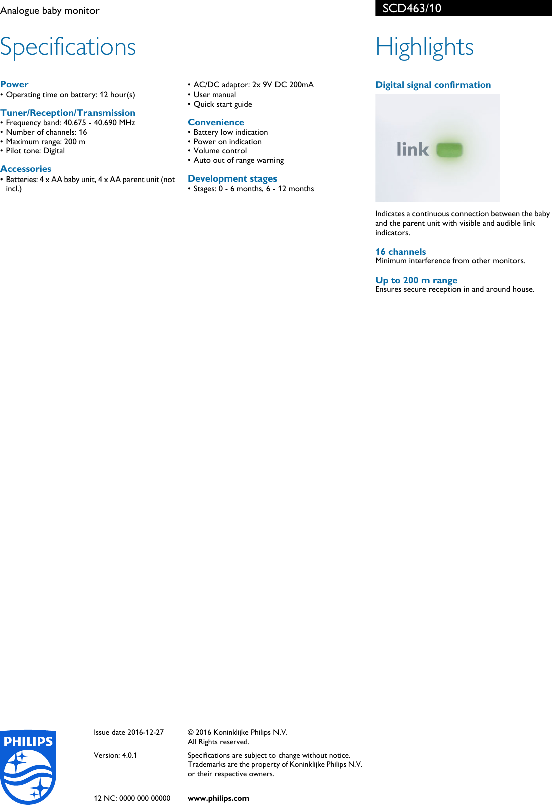 Page 2 of 2 - Philips SCD463/10 Analogue Baby Monitor User Manual Voldik Scd463 10 Pss